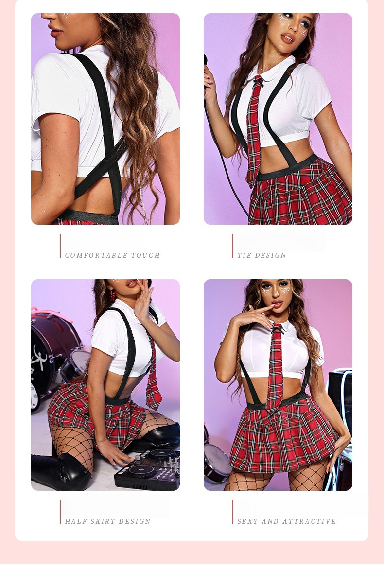 Plaid Pleated Skirt Costume Set with Crop Top and Tie For Halloween Party